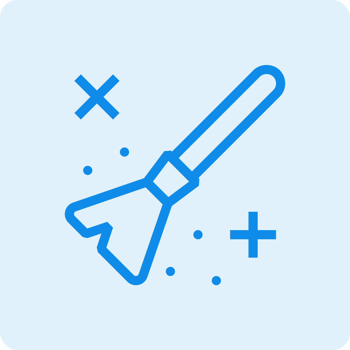 A blue outline illustration of a putter golf club with small decorative dots and crosses around it on a light blue background.