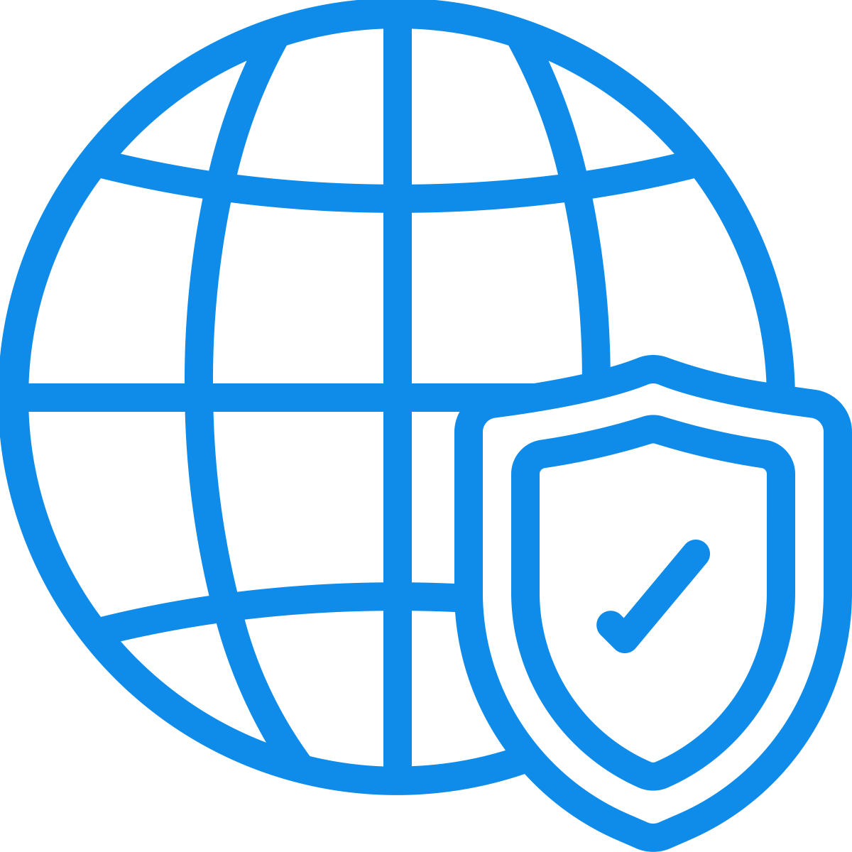 Globe with a shield containing a check mark, symbolizing internet security or protection.