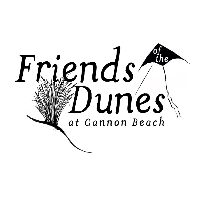 Logo for Friends of the Dunes at Cannon Beach with a dune grass illustration and a kite graphic.
