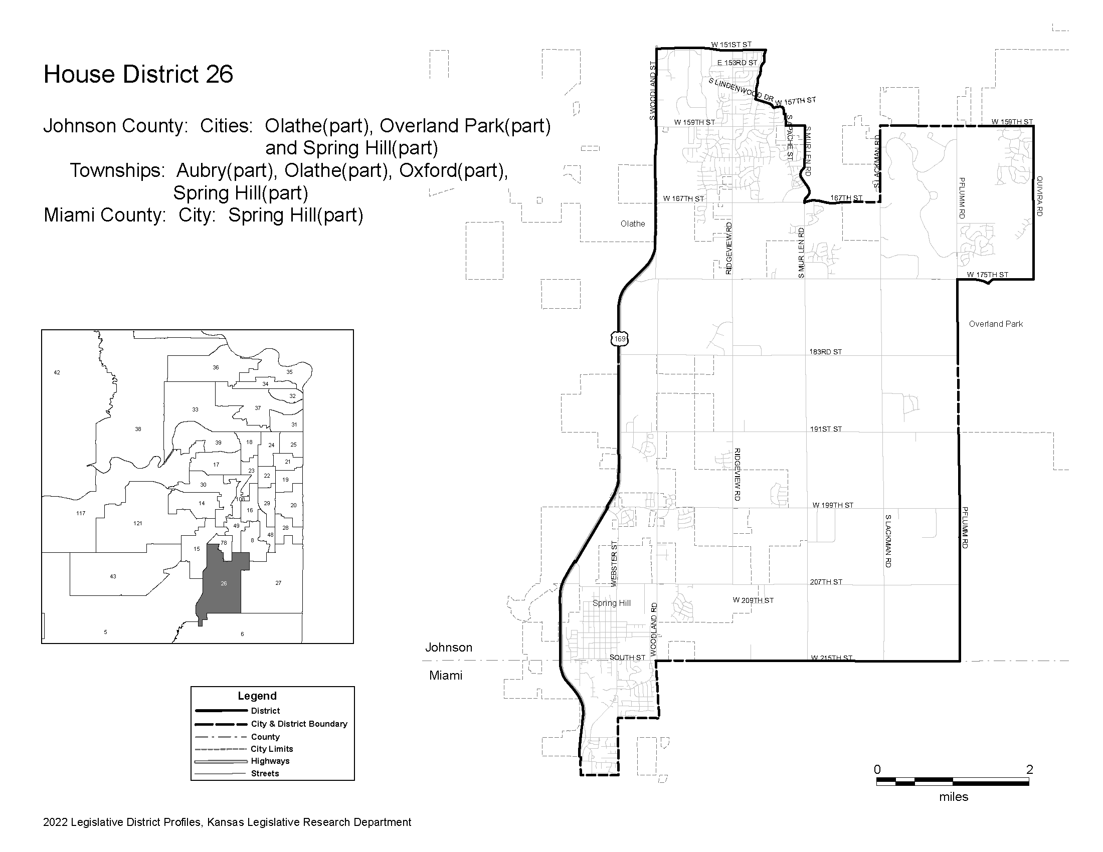 Map showing House District 26 in Johnson County, Kansas, including parts of Olathe, Overland Park, and Spring Hill, with district boundaries, streets, highways, and a small inset map of Johnson County.