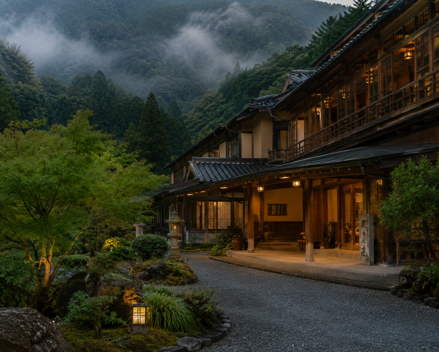 Traditional Japanese inn, or ryokan, at dusk surrounded by lush greenery and misty mountains, with warm interior lights visible through the windows.