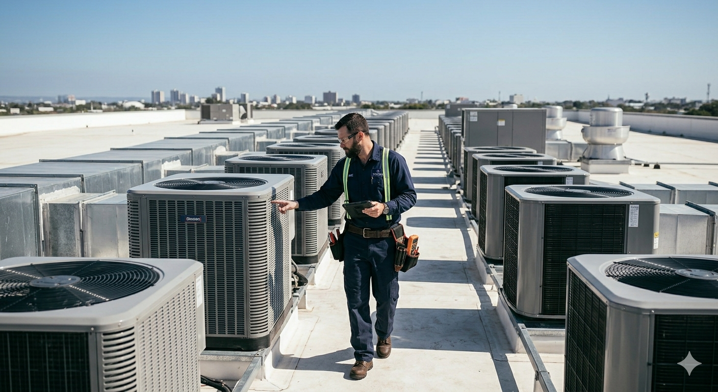 Professional inspecting  industrial HVAC units on a rooftop.