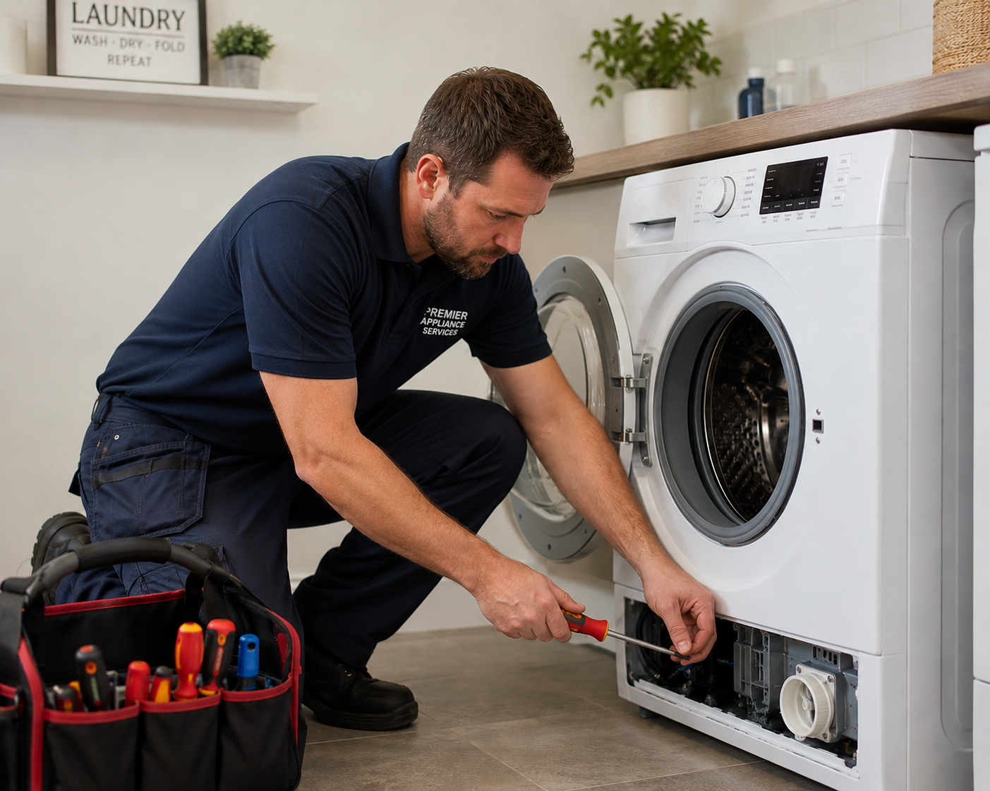 A technician fixing a front-loading washing machine in a laundry room, using tools from a toolbox.