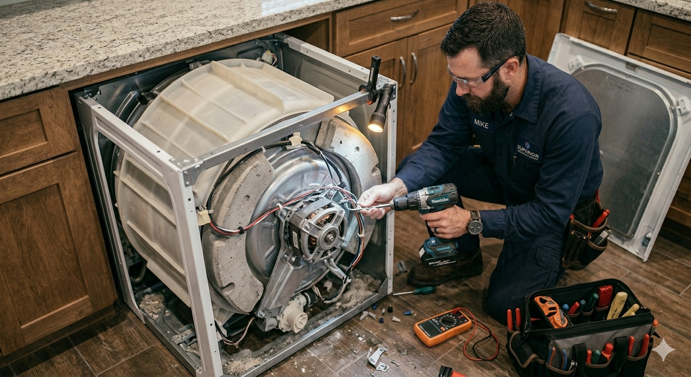 A repair technician working on the interior of a washing machine, disassembling, replaces bearings, shock absorbers.  Tools and a multimeter are on the floor nearby in an open tool bag.