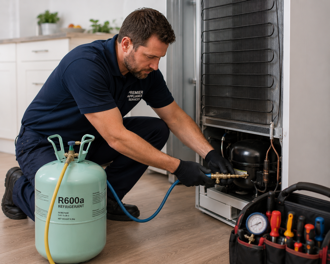 A technician servicing a refrigerator compressor with refrigerant R600a, using tools and equipment.