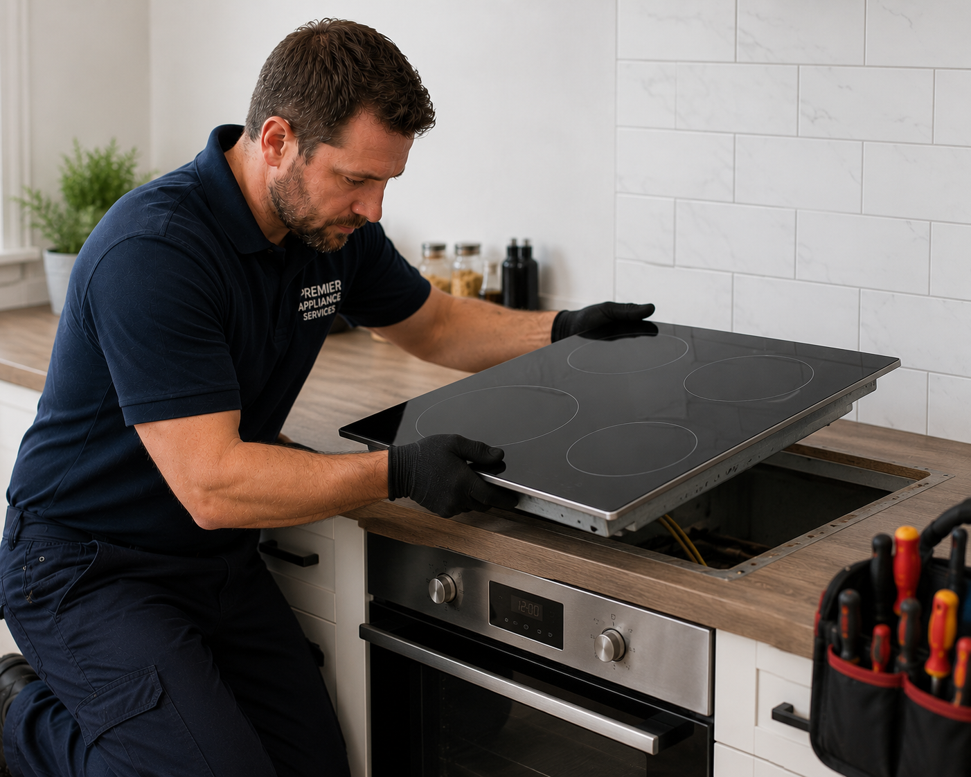 A technician removing a glass cooktop, replacing, updating with a newer unit. Checks for problems, repairs. Over an oven in a modern kitchen.