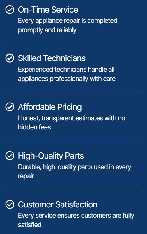 A list highlighting the benefits of a service, including On-Time Service, Skilled Technicians, Affordable Pricing, High-Quality Parts, and Customer Satisfaction, each with brief descriptions.
