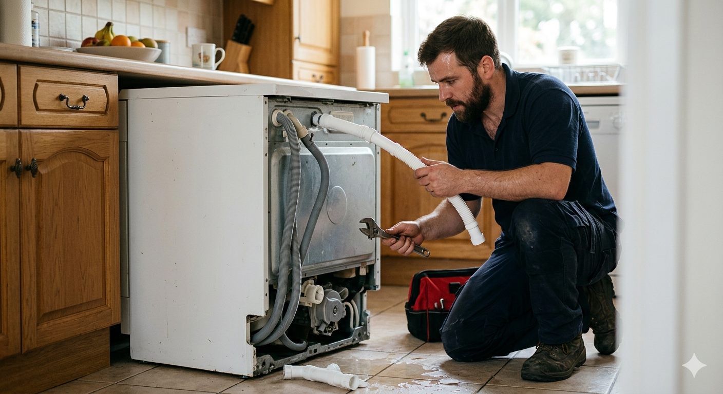 A repair technician kneeling on the kitchen floor, fixing a dishwasher with tools, pipes, and a toolbox nearby.