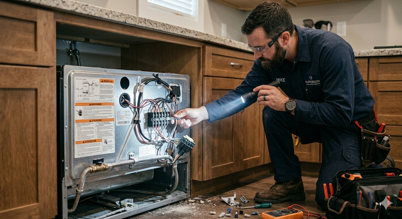 A technician inspects the wiring, tubing, clogs inside a dishwasher beneath a kitchen countertop.