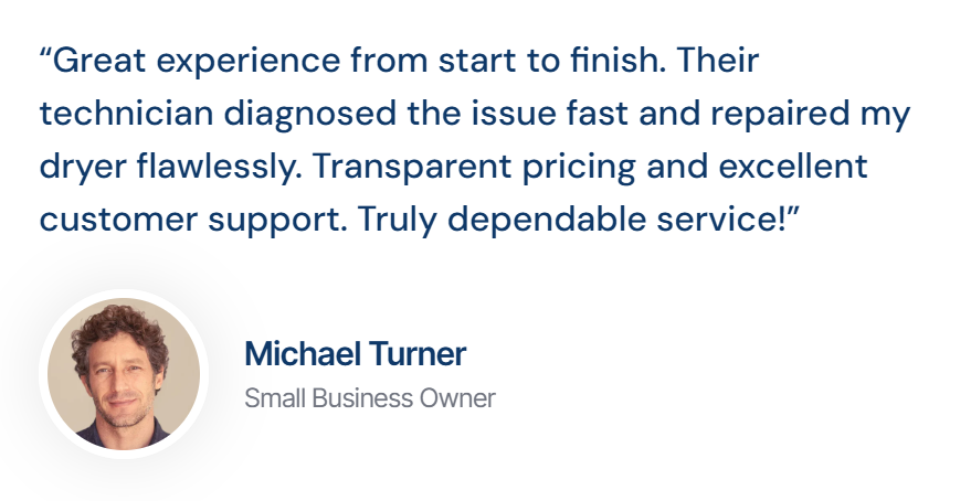 Customer testimonial from Michael Turner, small business owner, praising the company's quick diagnosis, repair, transparent pricing, and customer support.