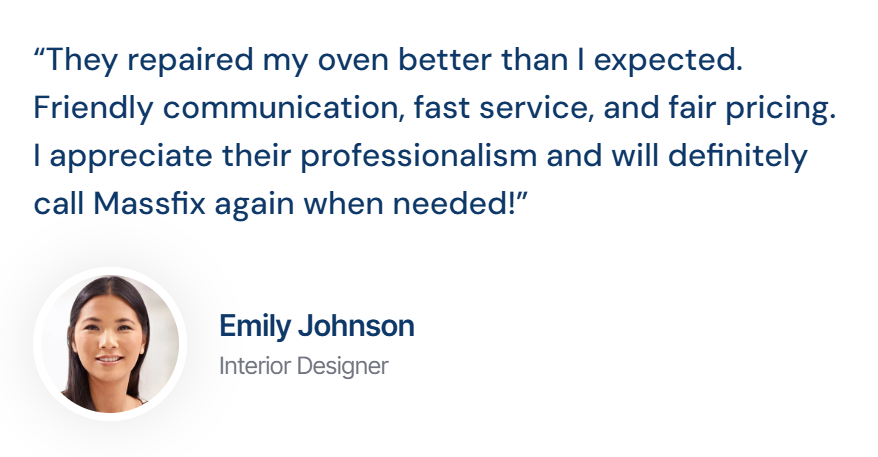 Customer testimonial about Massfix services with a photo of Emily Johnson, an interior designer, and her positive review.