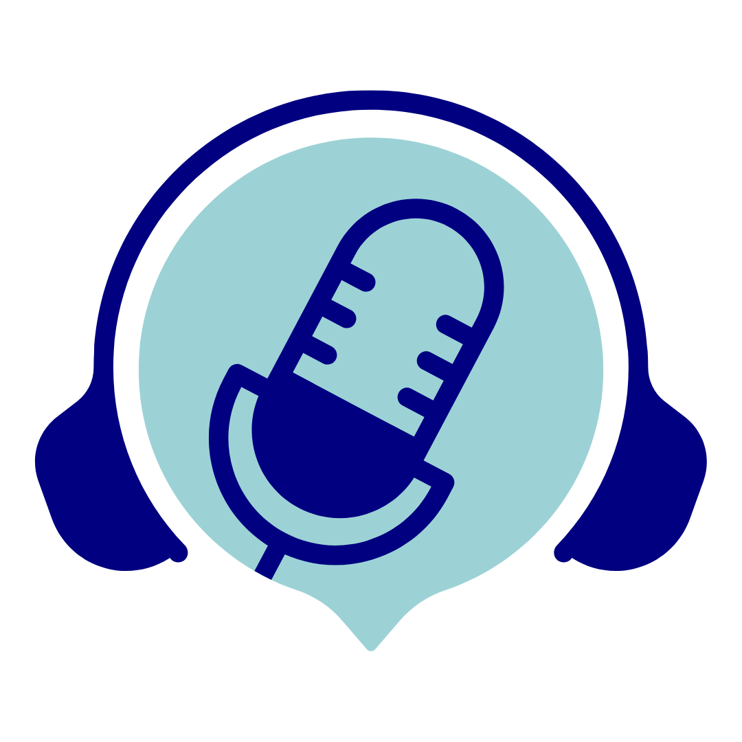 A light blue icon of a vintage microphone surrounded by a darker blue outline, with stylized headphones on either side, all in a circular design.