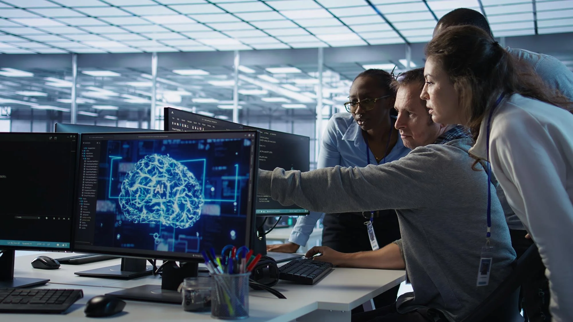 A diverse group of four people working together at a computer desk in a modern office, focusing on a digital image of a brain with the label 'AI' on the monitor.