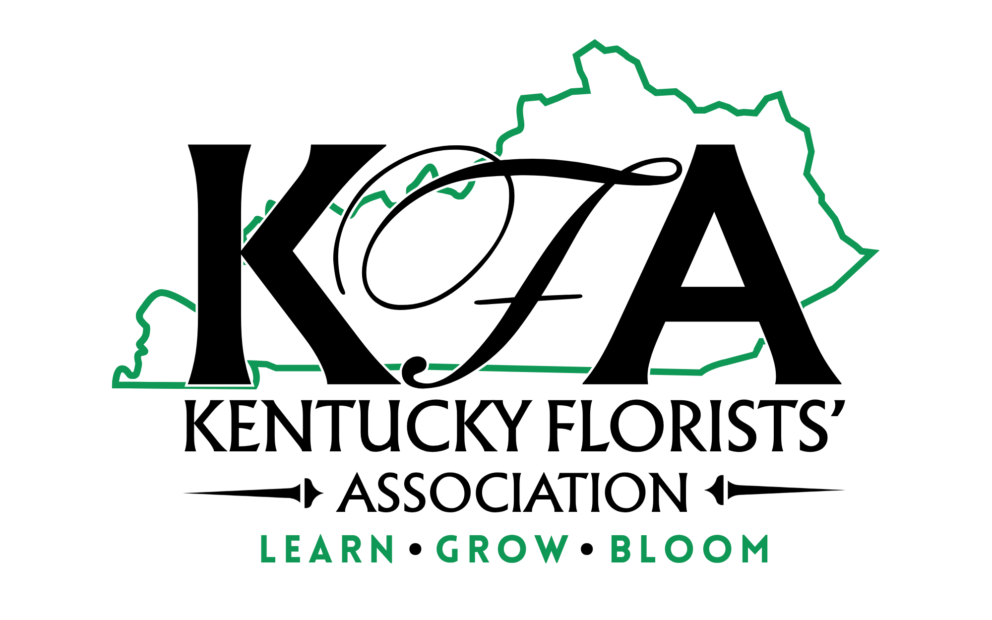 Logo of Kentucky Florists' Association with green outline of the state of Kentucky in background and words 'KFA Kentucky Florists' Association LEARN GROW BLOOM'.
