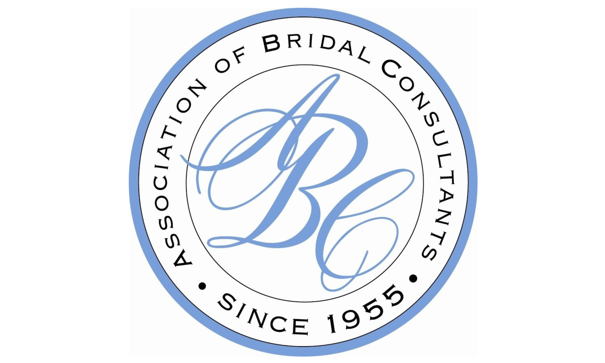 A circular logo with a blue border and black text reading 'Association of Bridal Consultants Since 1955.' Inside the circle, there is a decorative, cursive letter 'B' in blue.