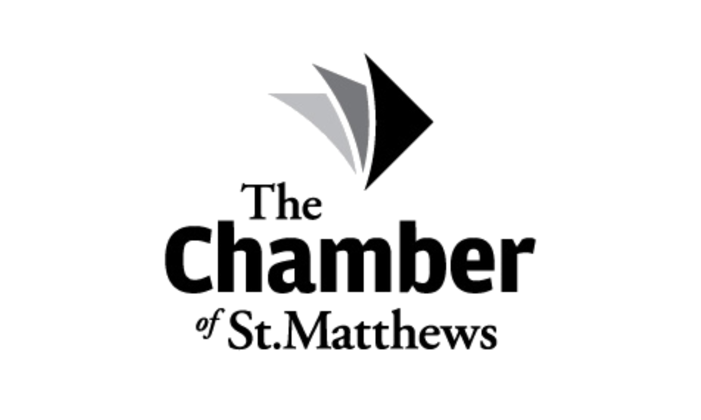 Logo for The Chamber of St. Matthews featuring a stylized geometric shape with black, gray, and white sections and black text.