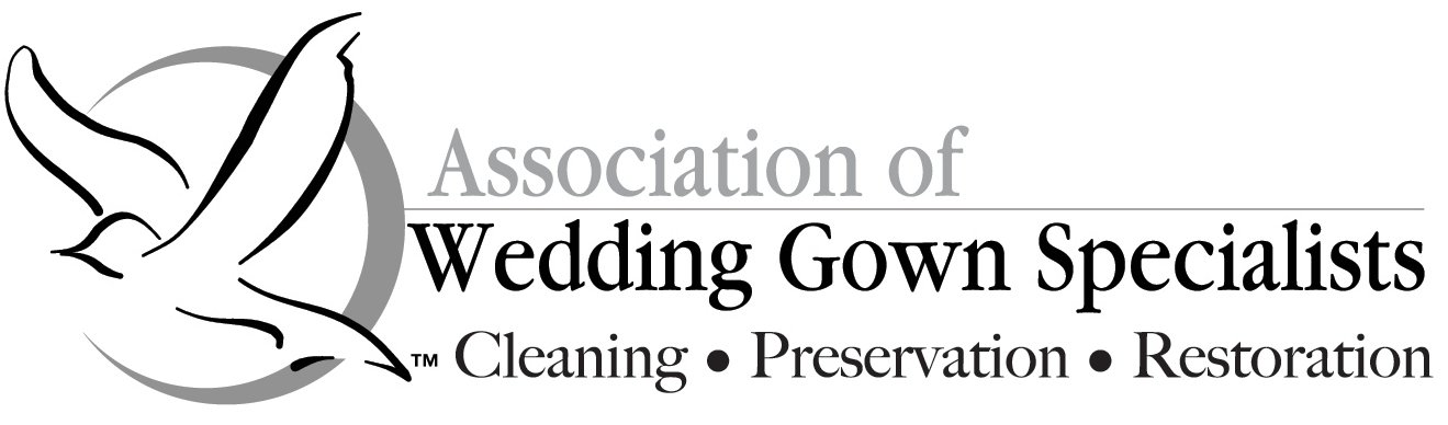Logo for the Association of Wedding Gown Specialists featuring a stylized bird and text about cleaning, preservation, and restoration of wedding gowns.