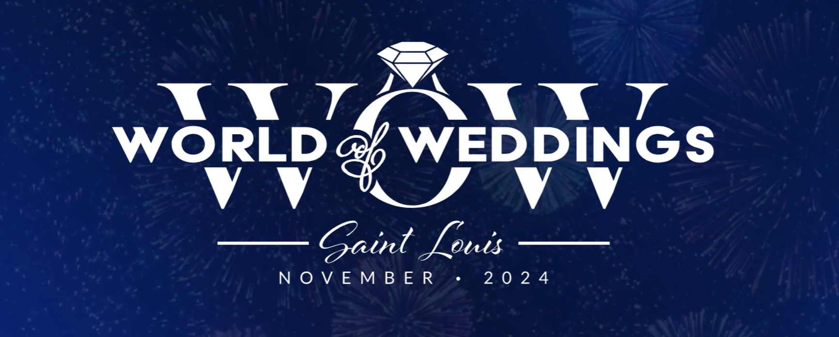 Logo for World of Weddings Saint Louis, November 2024, featuring a diamond and fireworks background