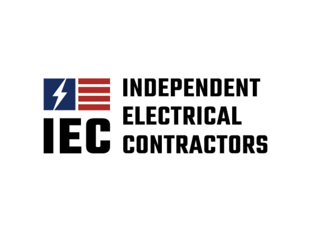Logo with a blue square and a white lightning bolt, a red striped flag, and bold black text that says 'IEC Independent Electrical Contractors'.