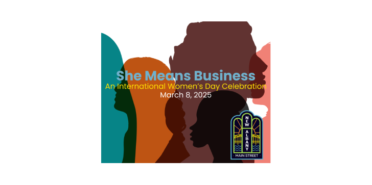 Graphic celebrating International Women's Day on March 8, 2025, featuring silhouettes of diverse women and the text "She Means Business".