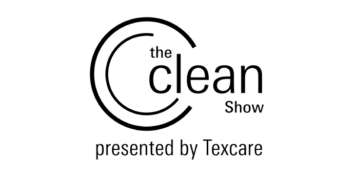 Logo for 'The Clean Show,' presented by Texcare, featuring black and white text and circular design elements.