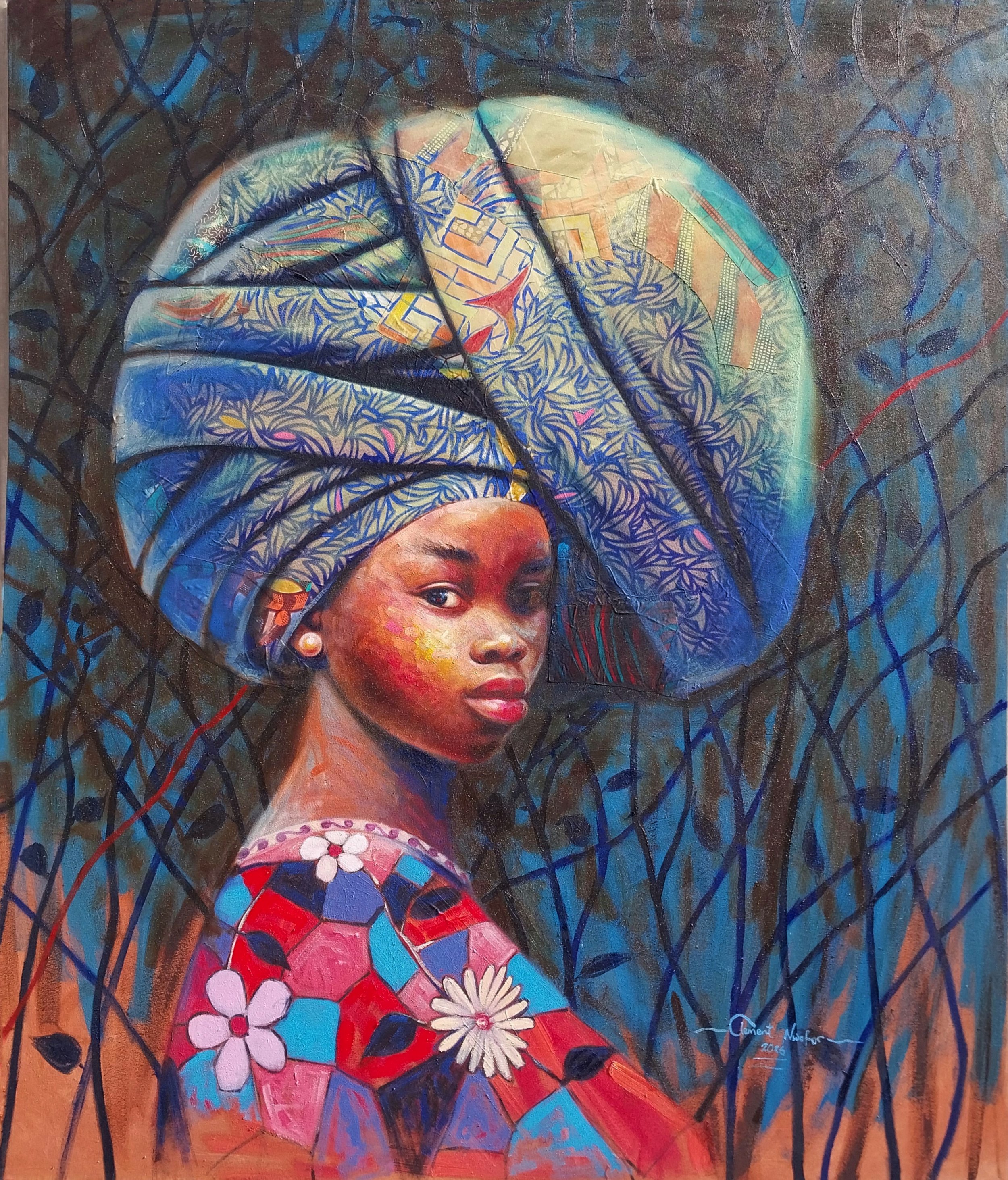 Painting of a woman of Asian descent in traditional attire, with a colorful headwrap and floral dress, surrounded by a dark, abstract background with curving lines.