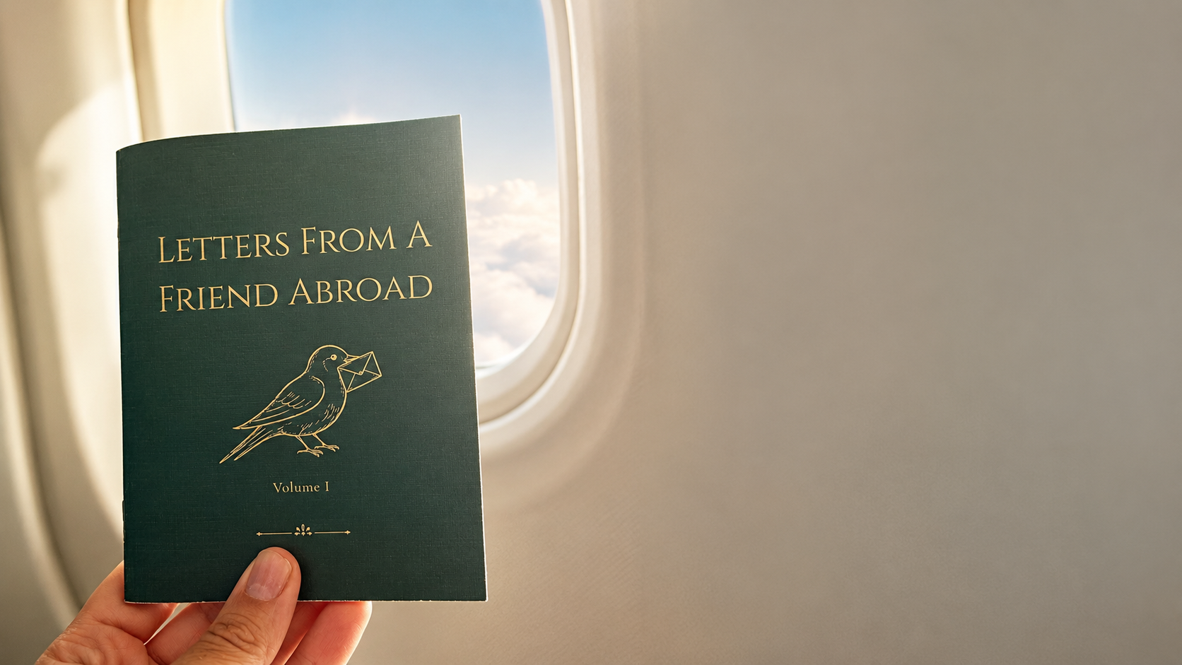 A person holding a green book titled 'Letters from a Friend Abroad' with a bird illustration on the cover, in front of an airplane window showing a sky with clouds.