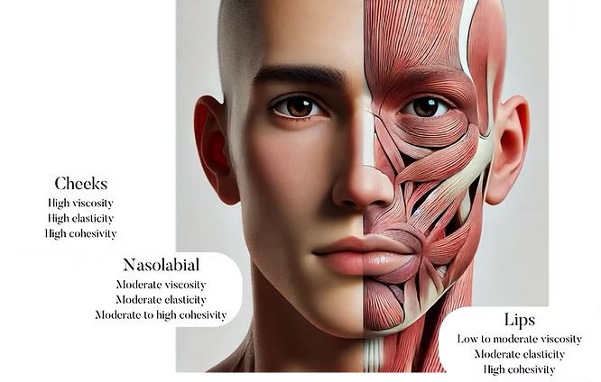 Facial anatomy infographic comparing dermal filler viscosity, elasticity, and cohesivity recommendations for the cheeks, nasolabial folds, and lips.