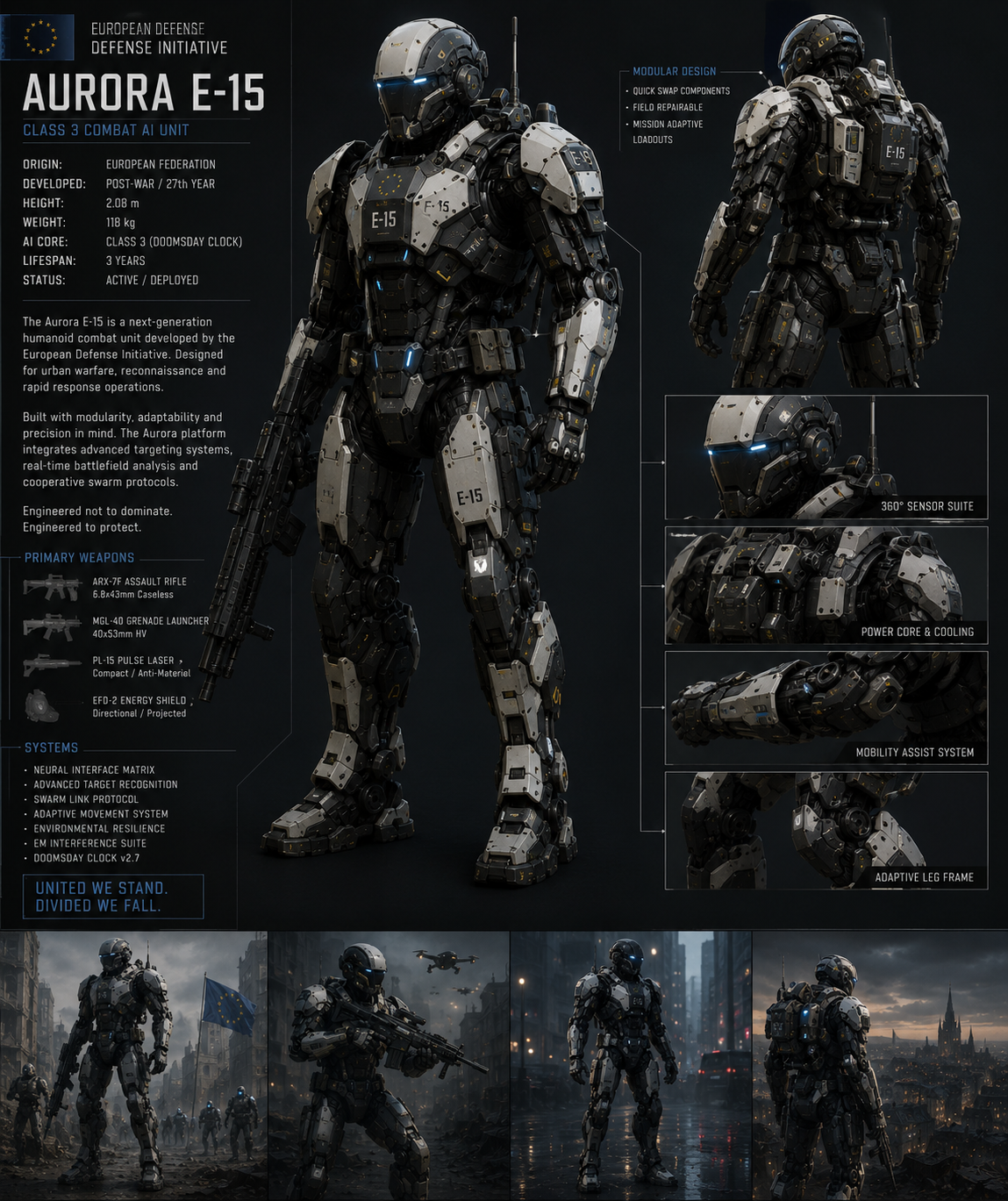A detailed infographic and images of the Aurora E-15 humanoid combat robot, developed by the European Defense Initiative. The infographic highlights specifications, modular design features, and key systems, with images showing the robot in urban warfare scenarios, armed with weapons and equipped with advanced targeting and mobility systems.