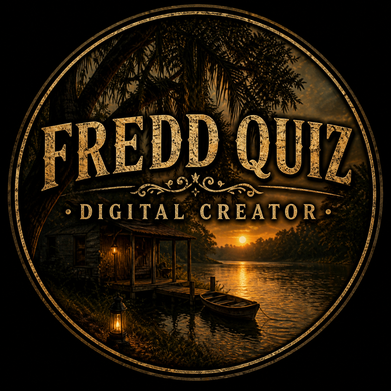 Artwork featuring the words "Fredd Quiz" and "Digital Creator" over a sunset scene by a river with a small cabin, boat, trees, and lanterns.