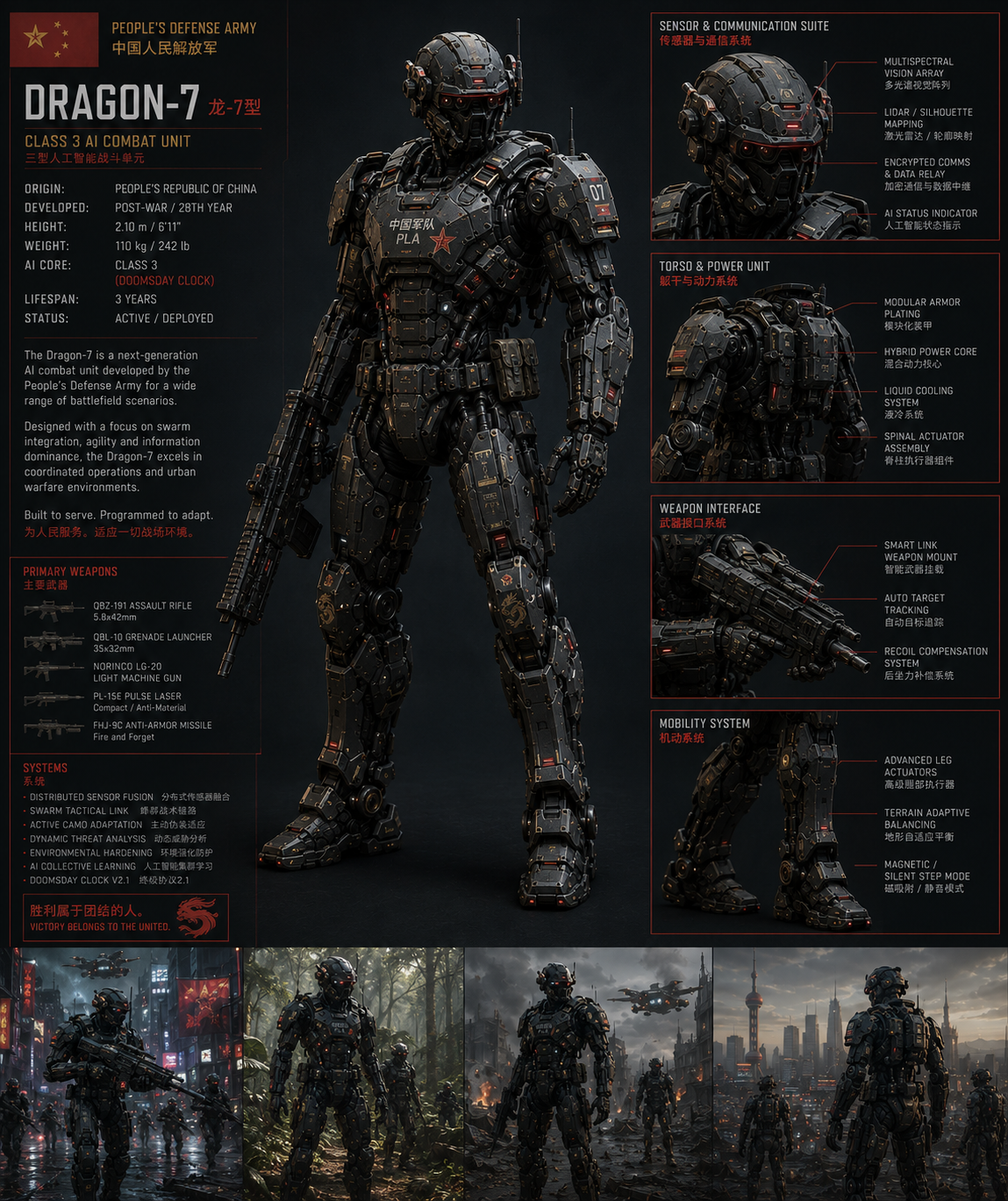 Official infographic of China's Dragon-7, an AI combat robot with advanced armor, sensors, weapons, and mobility systems, standing in a city setting with additional images of the robot in action.
