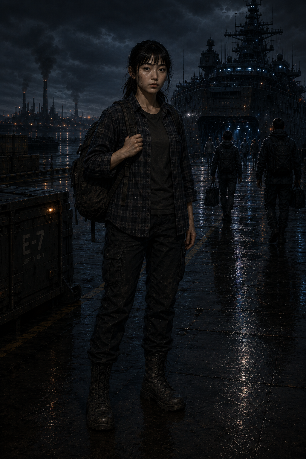A young woman with a backpack standing on a wet dock, with an industrial city skyline and a large military ship in the background, under dark cloudy skies.