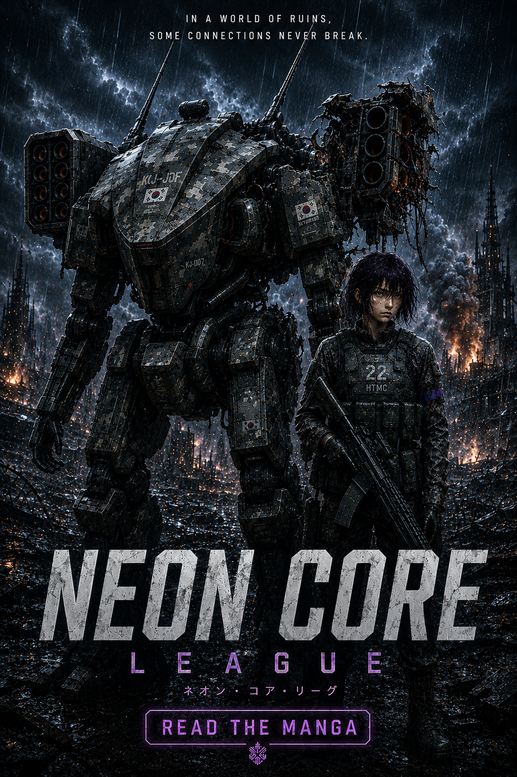 A dark, rainy post-apocalyptic cityscape with a giant mechanized robot and a woman in military gear. The robot and woman appear battle-worn. Text on the image reads 'In a world of ruins, some connections never break' and 'Neon Gore League. Read the manga' in Japanese and English.