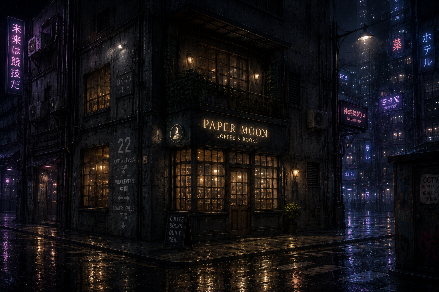 A dark, rainy city street at night with neon signs in Japanese and Chinese, wet pavement reflecting city lights, and a cozy bookstore named Paper Moon with warm lighting inside.