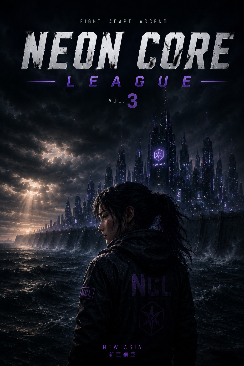Promotional poster for Neo On Core League, Vol. 3 featuring a woman in a dark jacket with an NCL patch, standing in front of a futuristic city skyline at night with dark clouds and purple accents.