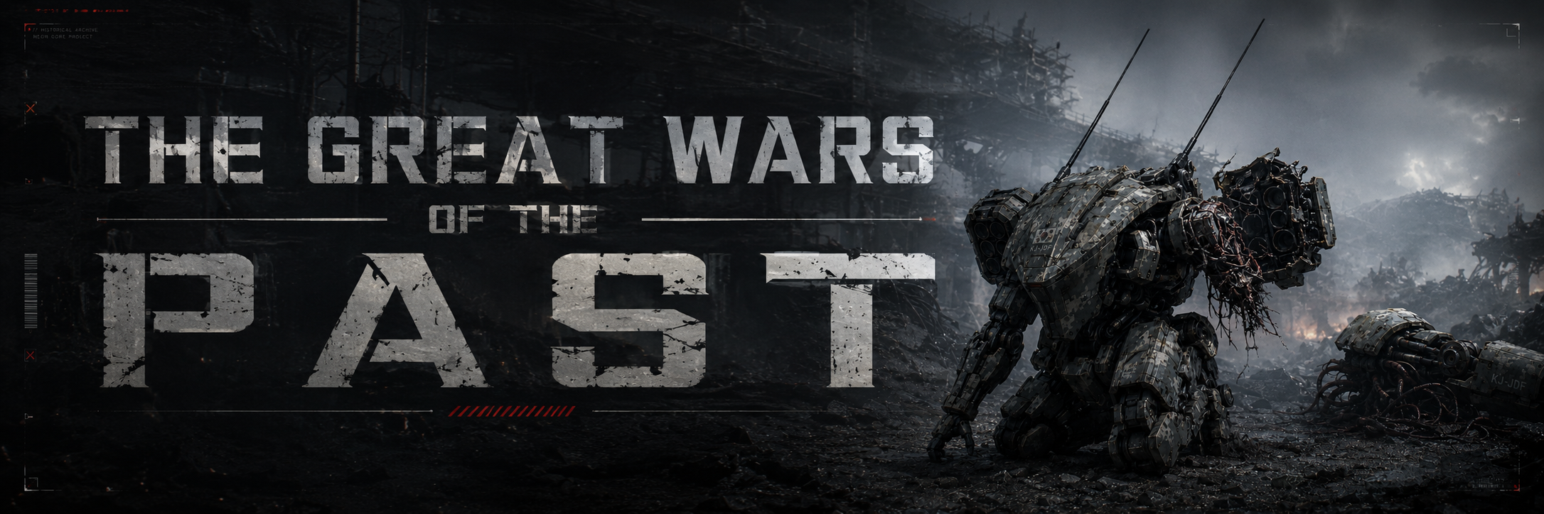 A robotic war machine amidst a war-torched landscape with destroyed structures, under a dark, cloudy sky, in a post-apocalyptic scene for the game 'The Great Wars of the Past'.