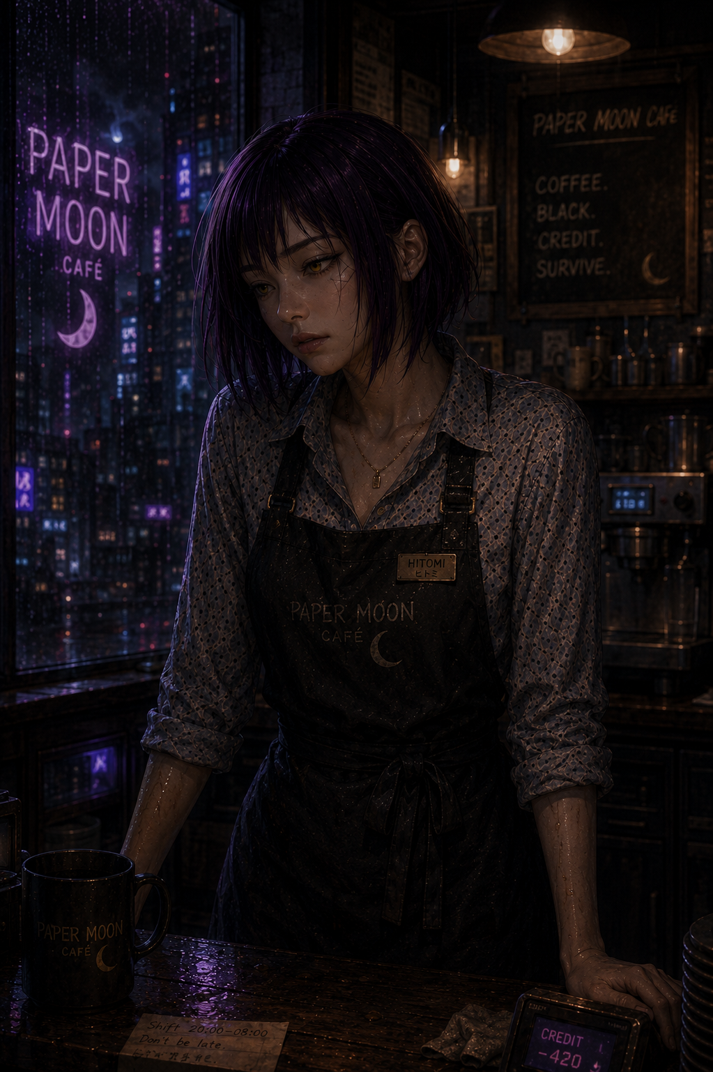 A young woman with wet, shoulder-length purple hair stands inside a dimly lit coffee shop named 'Paper Moon Cafe'. She wears a patterned blouse and a black apron with the cafe's logo, looking contemplative. Neon signs and city lights are visible through the window behind her, creating a moody atmosphere.
