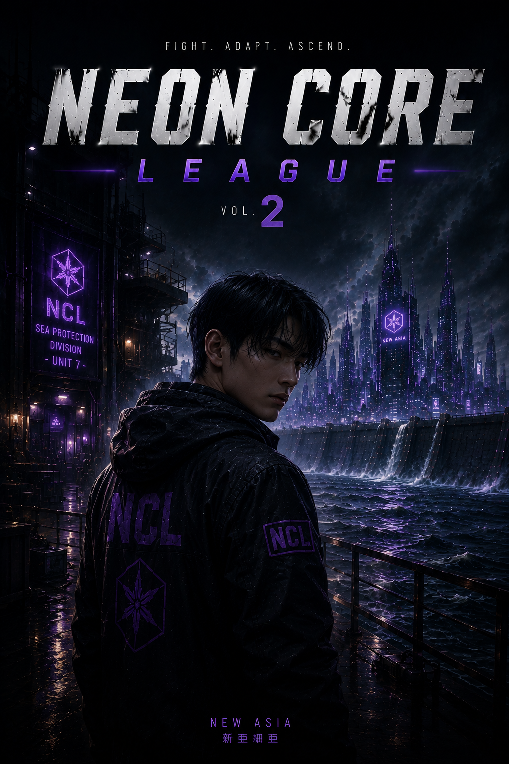 Poster for Neon Core League Volume 2, featuring a young man with dark hair in a black jacket with purple NCL logos, standing by a rain-soaked waterfront against a futuristic cityscape with neon purple lights and tall skyscrapers.