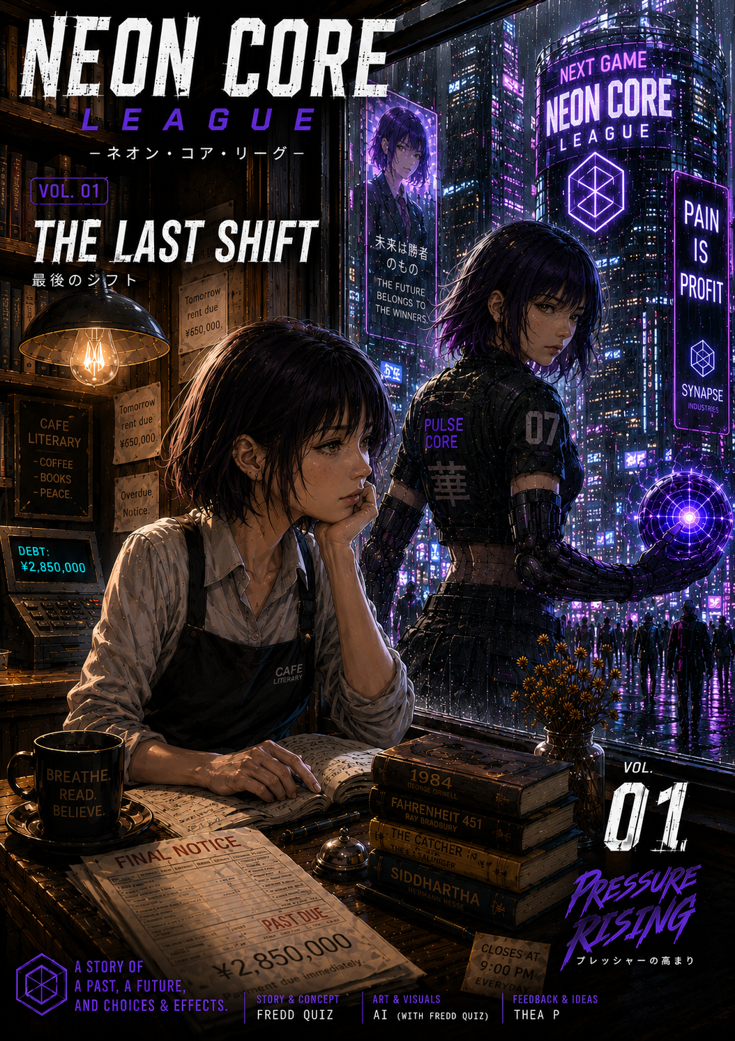 Cover art for NEON CORE LEAGUE featuring a futuristic cityscape at night with neon signs, two women with cybernetic enhancements, one sitting at a cafe with books and a computer, and the other standing holding a glowing sphere. The scene includes Japanese text, digital billboards, and a mix of modern and cyberpunk elements.
