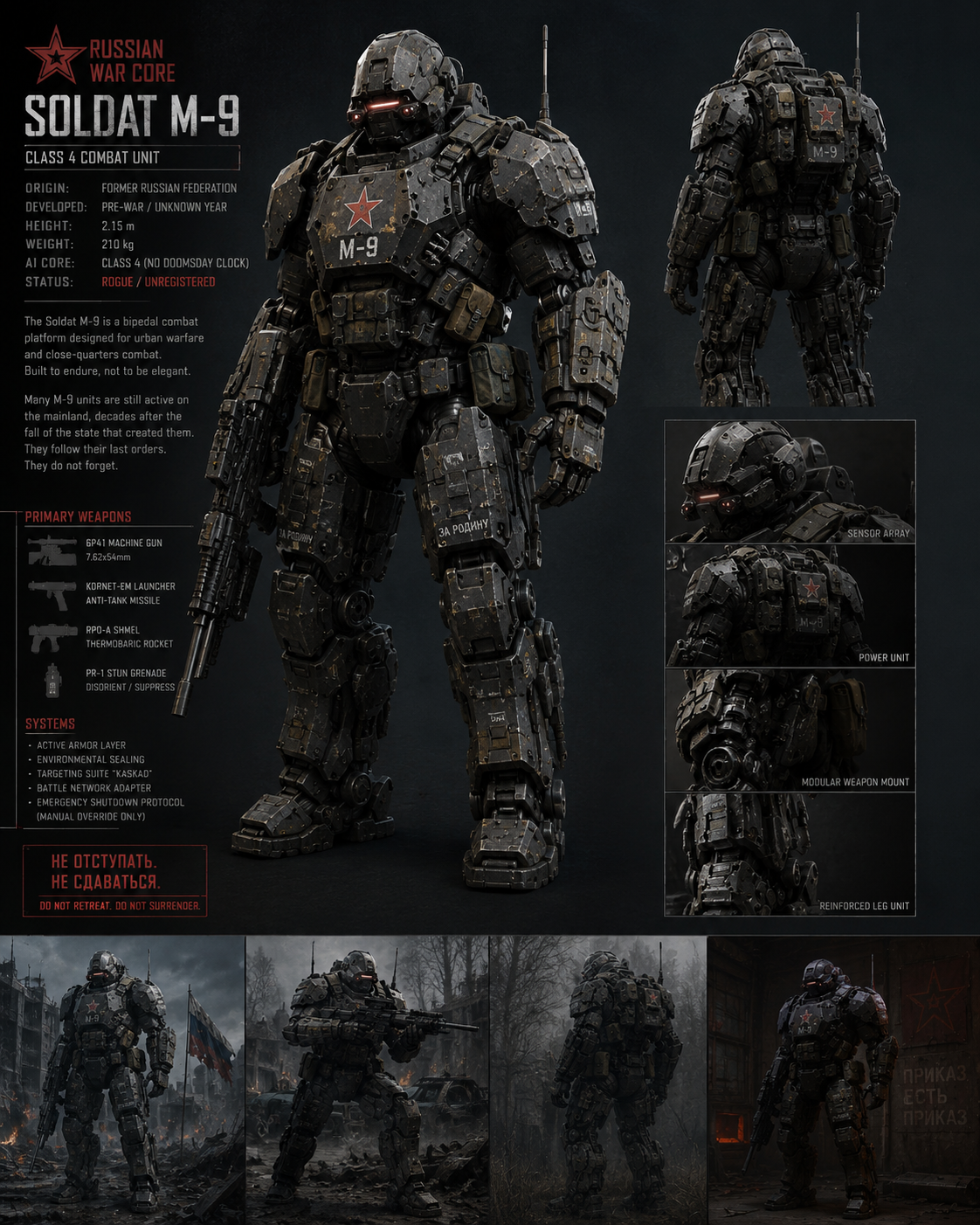 Infographic of a robotic soldier, the Soldat M-9, a Russian combat robot with detailed specifications, weapons, and systems. The robot has a black armor with red markings, including a red star, and is shown from multiple angles, with a battlefield scene at the bottom.