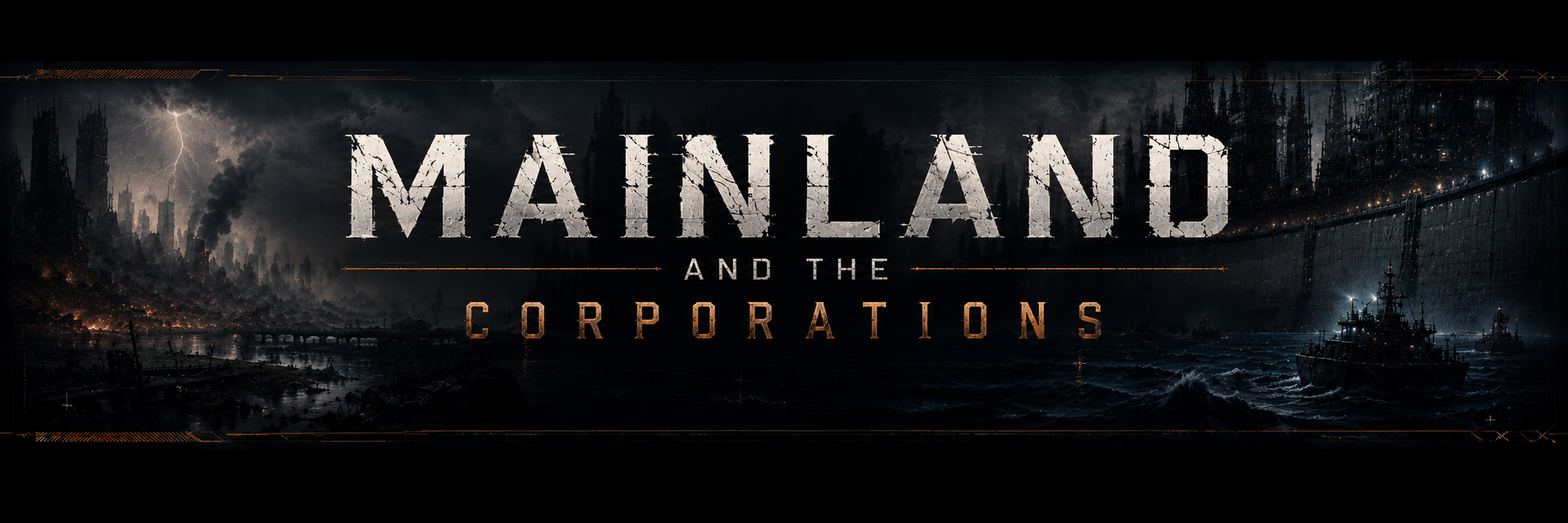 Dark and stormy dystopian landscape with ruined city, lightning, and warships, featuring the text 'Mainland and the Corporations'.