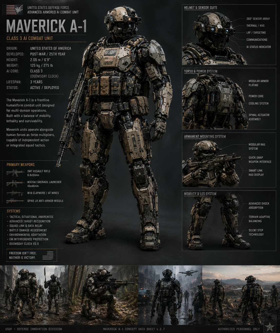 Data sheet of the Maverick A-1, a Class 3 AI combat unit developed by the U.S. Defense Force, showing a humanoid armored robot with various technical details, weapon systems, and capabilities. It features close-up images of the helmet, torso, armament, and mobility systems, along with photos of soldiers in combat scenarios.
