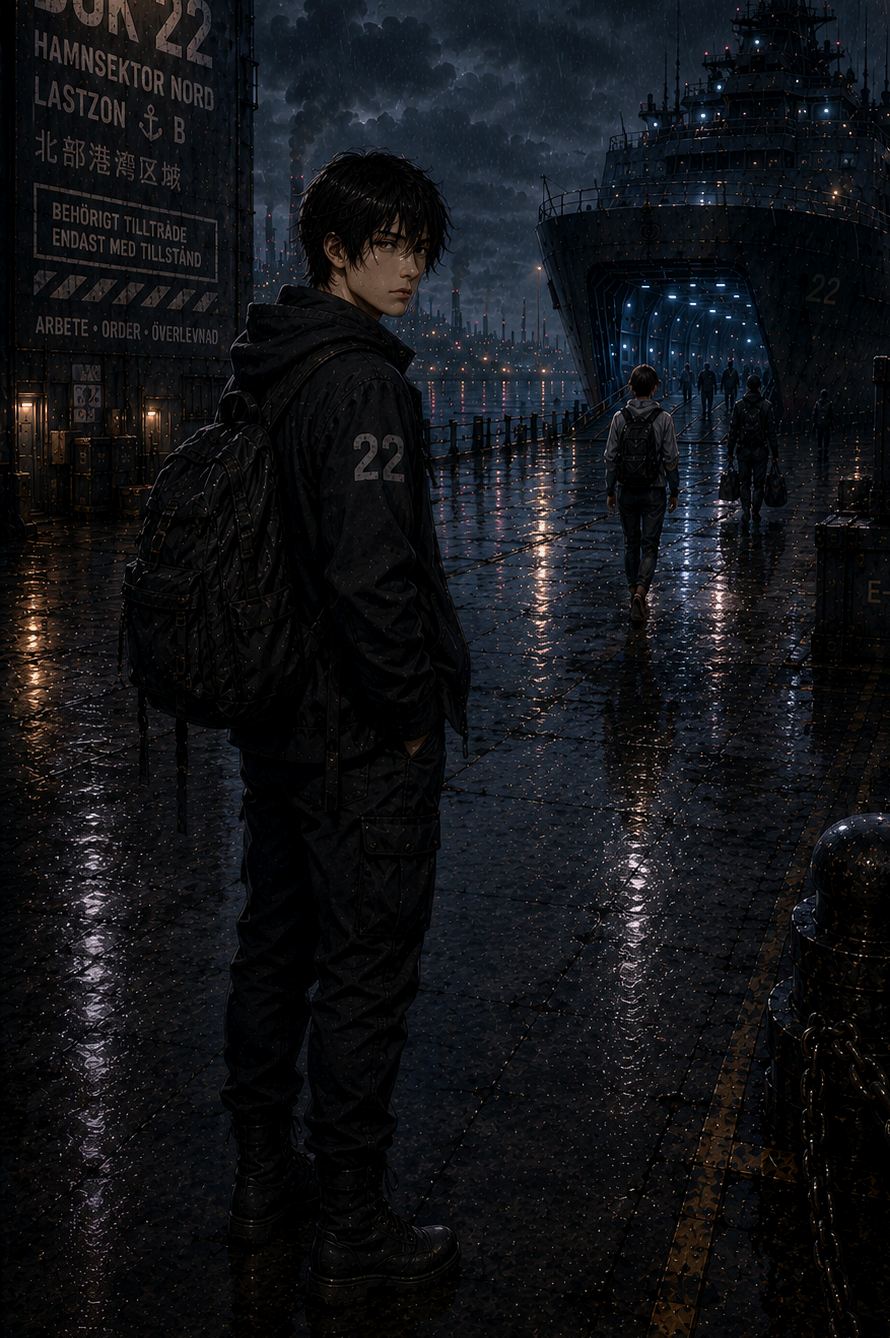 A young man with black hair and a black jacket stands on a wet dock at night, holding a backpack, with a large ship in the background and other people walking toward it in the rain.