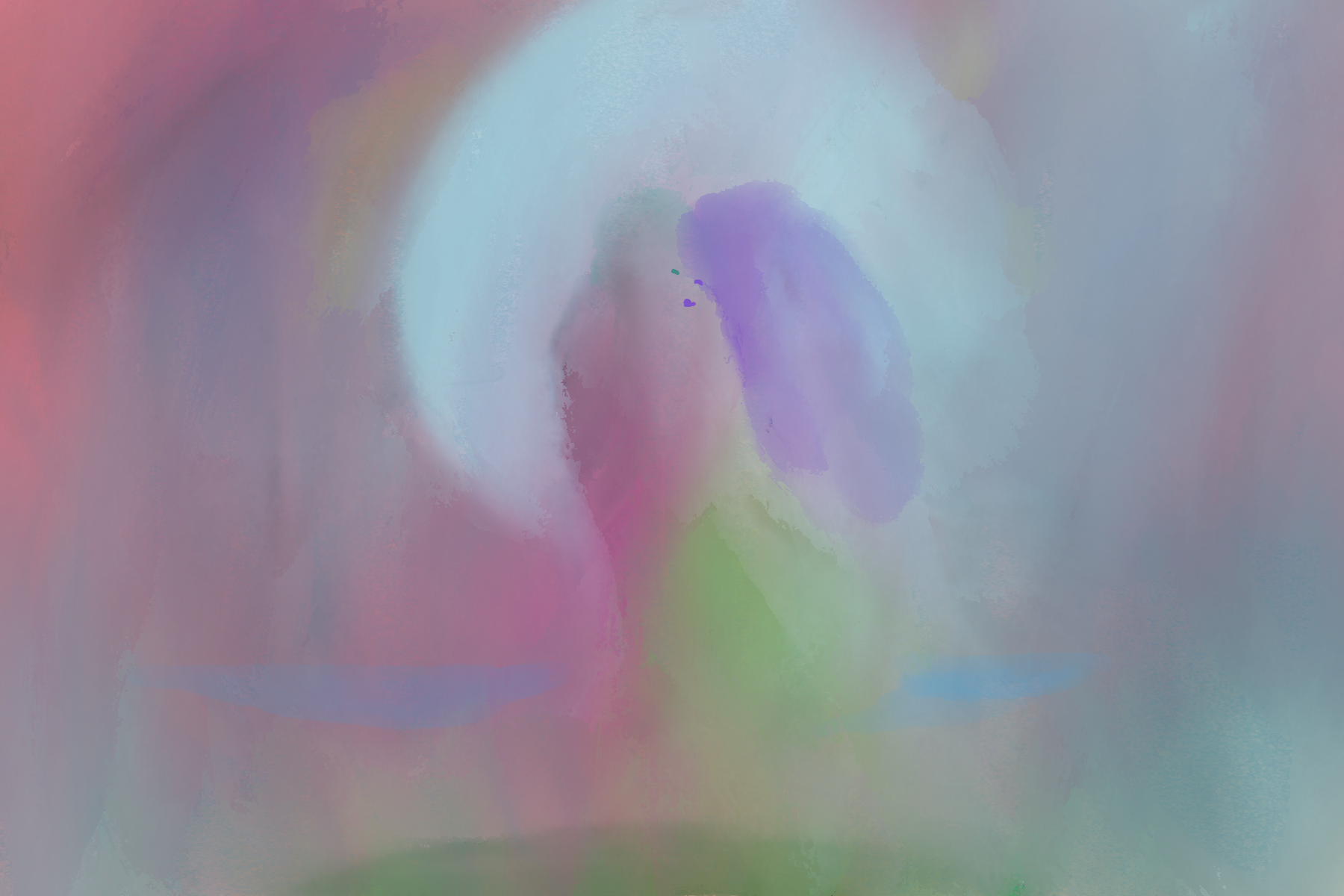 Abstract pastel-colored painting with a central purple shape surrounded by blue, pink, green, and purple hues.