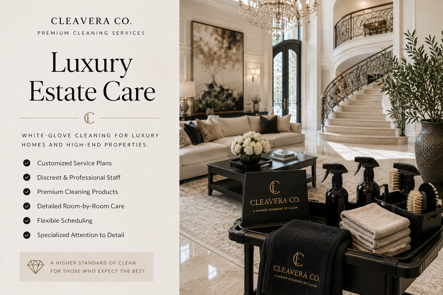 Elegant living room with staircase, chandelier, and large window. Cleaning supplies and towels on cart with Cleavera Co. branding.