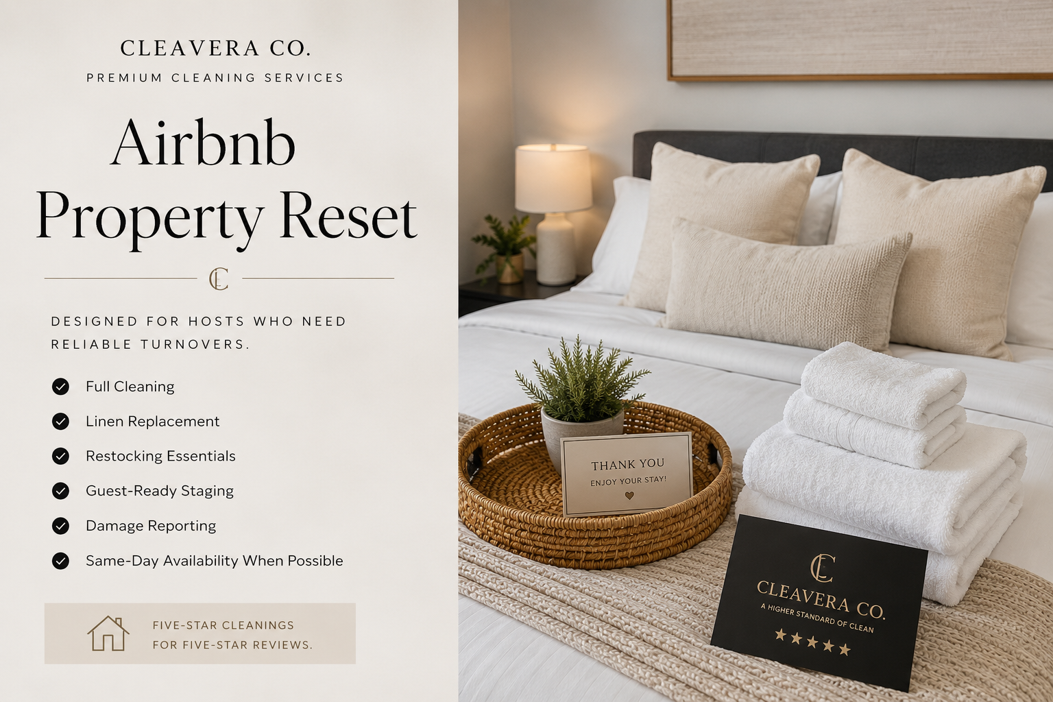 Text overlay promoting Cleavera Co.'s Airbnb property reset cleaning services beside a neatly made bed with pillows, towels, a plant, and a "Thank You" card on a tray in a bedroom.