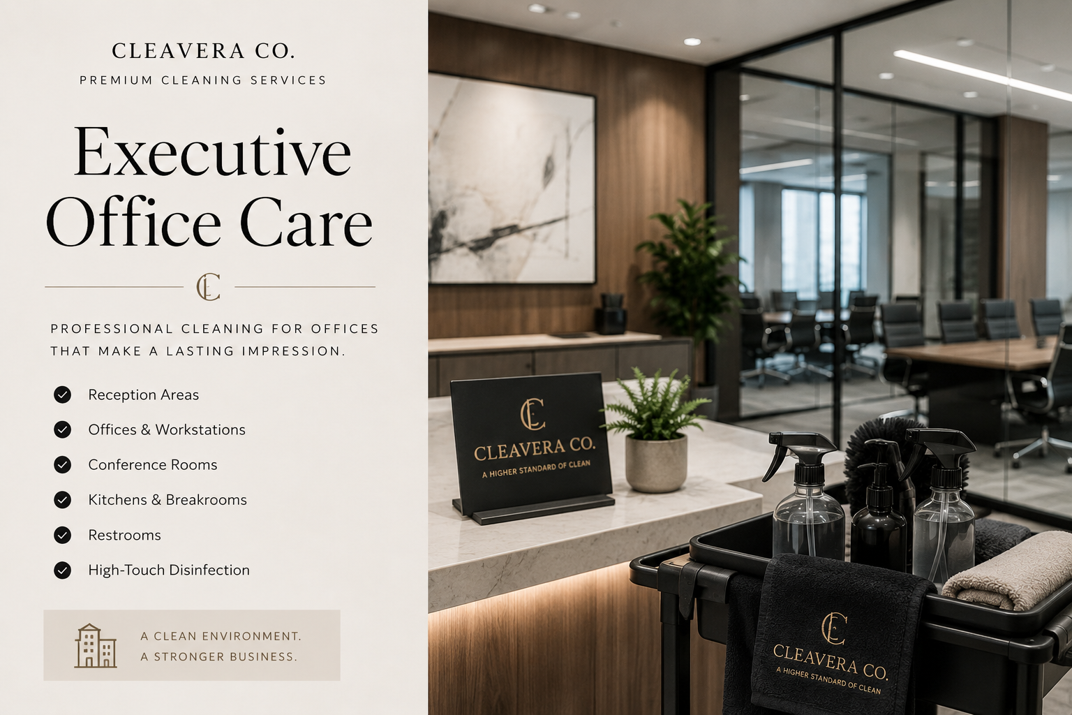 Signboard outside an office cleaning service named Cleavera Co. listing services like reception areas, offices, conference rooms, kitchens, restrooms, and high-touch disinfection. Inside, a cleaning cart with sprays, towels, and a sign reads Cleavera Co., with a conference room in the background.
