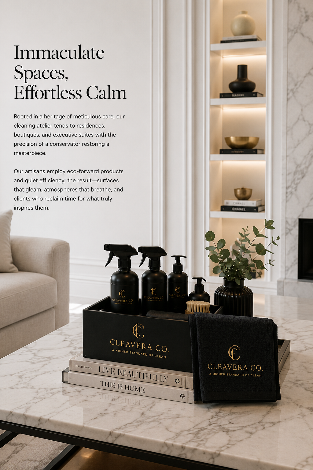 A marble countertop with CLEAVERA Co. cleaning products, a potted eucalyptus plant, and two books titled "Live Beautifully" and "This Is Home." In the background, a white wall, a beige sofa, a built-in shelf with decorative objects, and a marble fireplace.