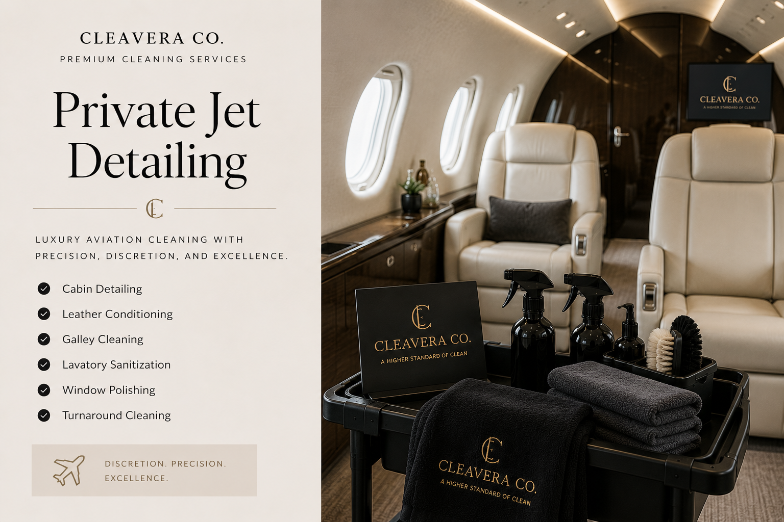 Interior of a private jet with beige leather seats, a table with cleaning supplies, and promotional material for Cleavera Co., a luxury aviation cleaning service.