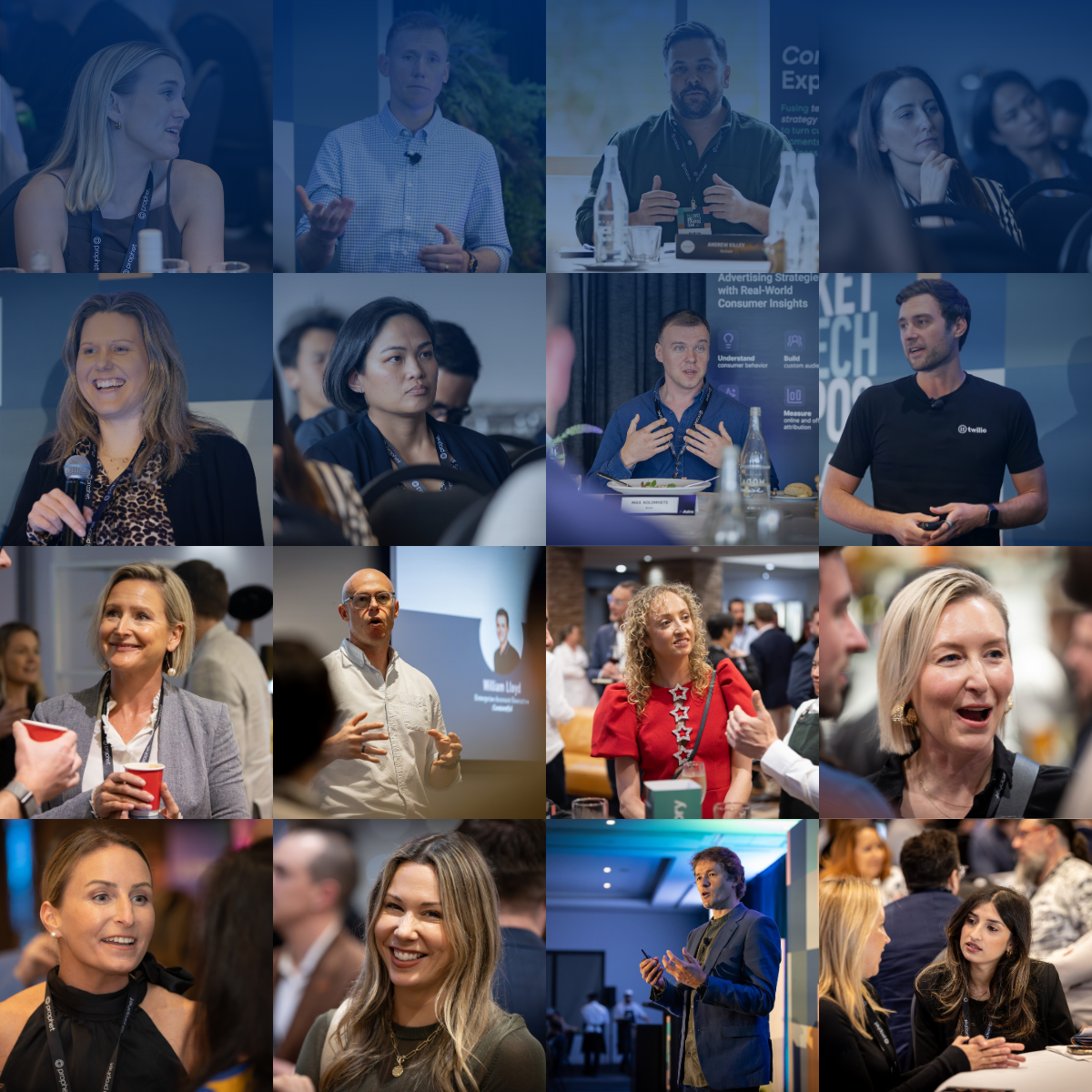 Collage of diverse people participating in various professional conference activities, including speaking, listening, networking, and engaging in discussions.